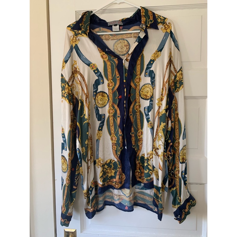 Vintage silk scarf print blouse, XL.